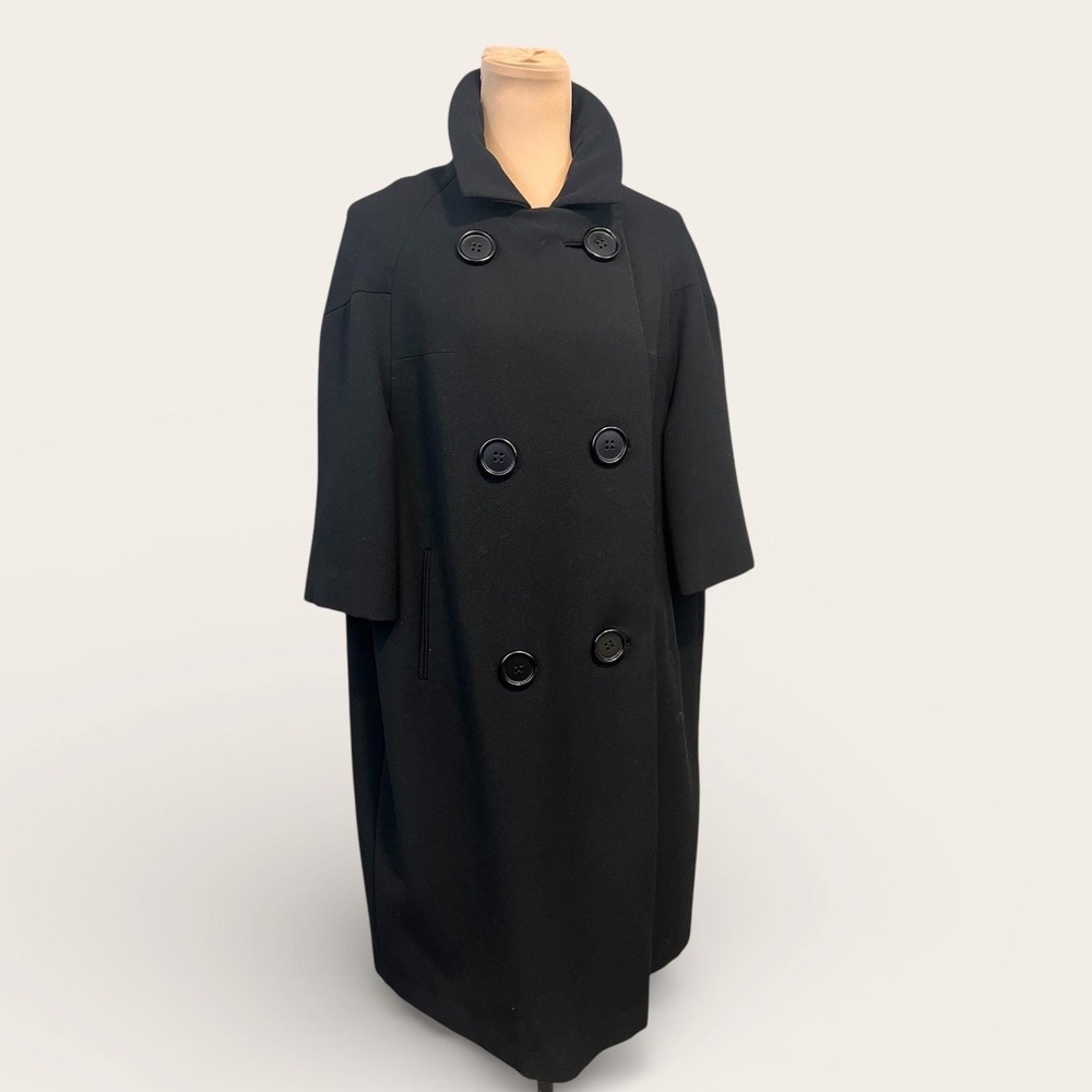 VTG 60s Union Made Black Double Breasted Crepe Wool Cocoon Coat Bracelet Sleeves